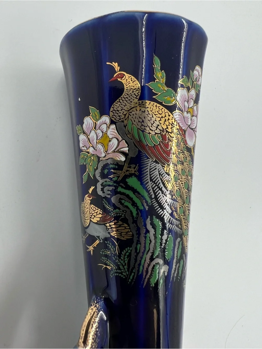 Vintage Cobalt Blue Peacock & Floral Gold Accents Bud Vase Japan 4.75” Tall